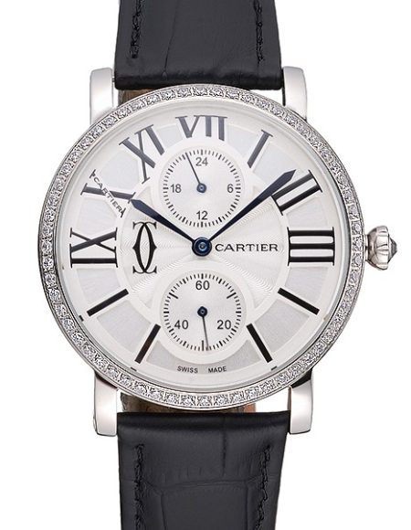 Cartier Ronde Second Time Zone White Dial Stainless Steel Case With Diamonds Black Leather Strap  622804