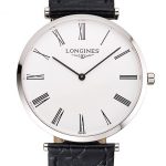 Swiss Longines Grande Classique White Dial Roman Numerals Stainless Steel Case Black Leather Strap
