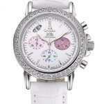 Omega De Ville Chronograph White Dial Stainless Steel Diamond Case White Leather Bracelet  622453