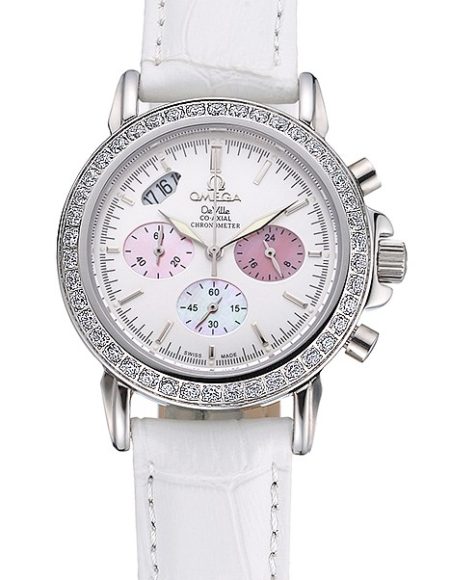 Omega De Ville Chronograph White Dial Stainless Steel Diamond Case White Leather Bracelet  622453