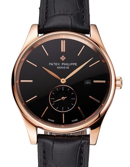 Patek Philippe Calatrava Date Black Dial Rose Gold Case Black Leather Strap
