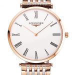 Swiss Longines Grande Classique White Dial Roman Numerals Rose Gold Case Two Tone Bracelet