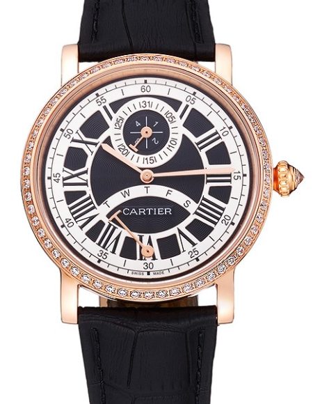 Cartier Rotonde Black And White Dial Gold Case With Jewels Black Leather Strap  622758