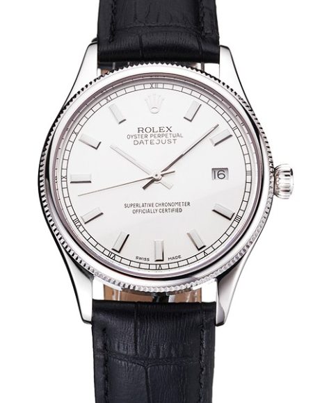 Swiss Rolex Datejust White Dial Stainless Steel Case Black Leather Strap