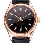 Swiss Rolex Datejust Black Dial Rose Gold Case Black Leather Strap