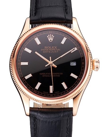 Swiss Rolex Datejust Black Dial Rose Gold Case Black Leather Strap
