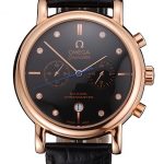 Omega Seamaster Vintage Chronograph Black Dial Diamond Hour Marks Rose Gold Case Black Leather Strap