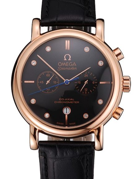 Omega Seamaster Vintage Chronograph Black Dial Diamond Hour Marks Rose Gold Case Black Leather Strap