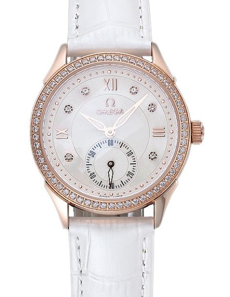 Omega DeVille Prestige White Dial Gold Diamond Case White Leather Bracelet  1454122