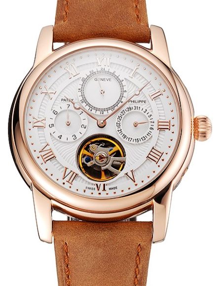 Patek Philippe Grand Complications Day Date Tourbillon White Dial Rose Gold Case Brown Suede Leather Strap 1453813