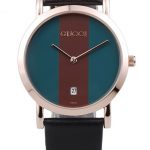 Gucci Polished Rose Gold Bezel Dark Green Dial Black Leather Strap