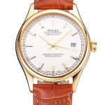 Swiss Rolex Datejust White Dial Gold Case Light Brown Leather Strap
