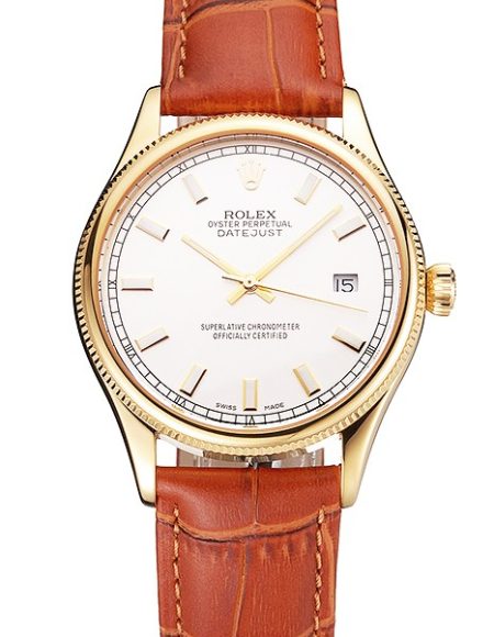 Swiss Rolex Datejust White Dial Gold Case Light Brown Leather Strap