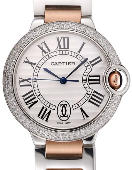 Swiss Ballon Blue De Cartier Diamond Steel Case White Dial Roman Numerals Two Tone Bracelet   622647