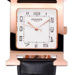 Hermes Heure H White Dial Gold Case Black Leather Strap