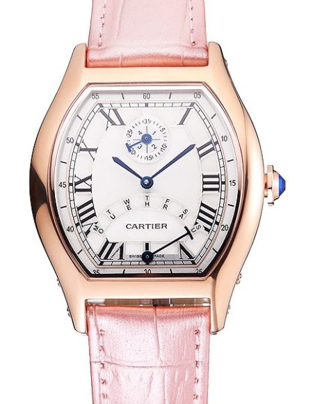 Cartier Tortue Perpetual Calendar White Dial Gold Case Pink Leather Strap