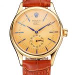 Swiss Rolex Cellini Gold Dial Blue Markings Gold Case Light Brown Leather Strap