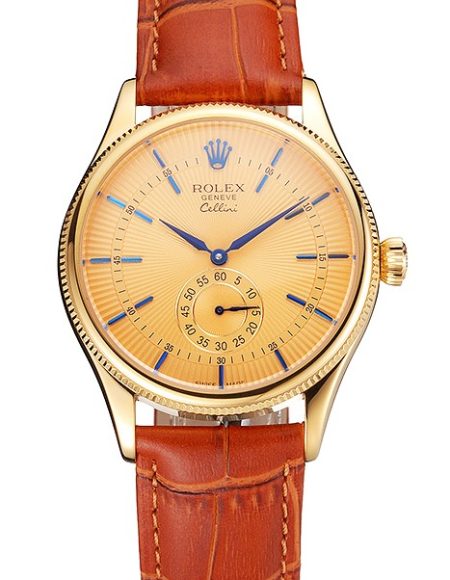 Swiss Rolex Cellini Gold Dial Blue Markings Gold Case Light Brown Leather Strap
