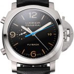 Swiss Panerai Luminor Flyback Chronograph Black Dial Stainless Steel Case Black Leather Strap