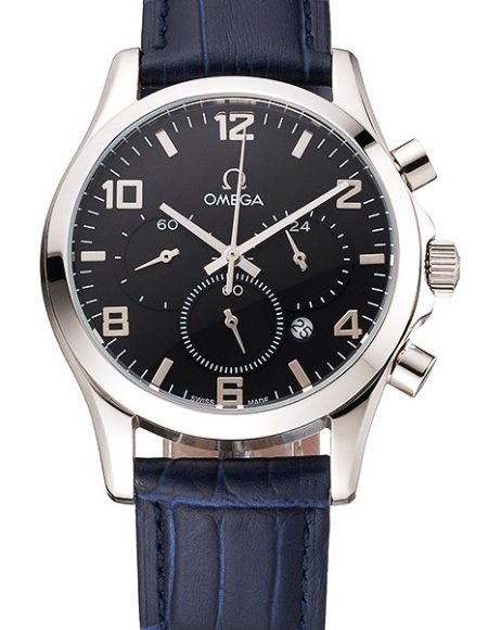 Omega Chronograph Black Dial Stainless Steel Case Blue Leather Strap