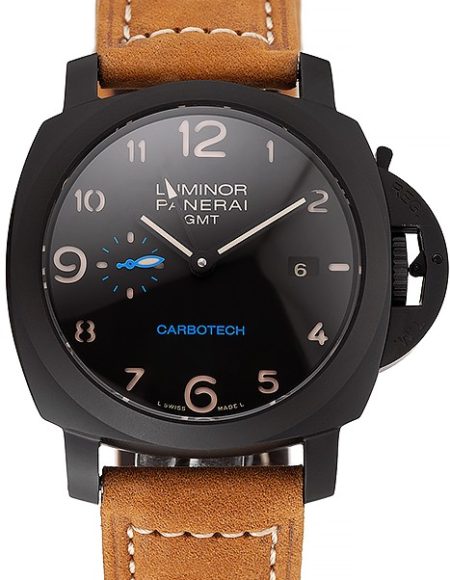 Swiss Panerai Luminor GMT Carbotech Black Dial Black Case Brown Leather Strap