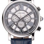 Cartier Rotonde Chronograph Black And White Dial Stainless Steel Case Blue Leather Strap