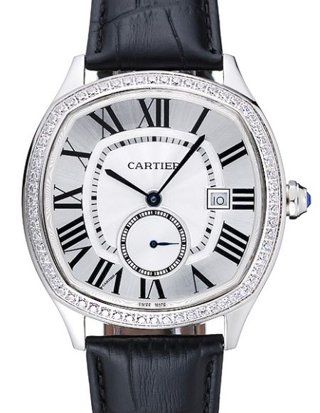 Cartier Drive De Cartier White Dial Silver Diamond Case Black Leather Bracelet 1454215