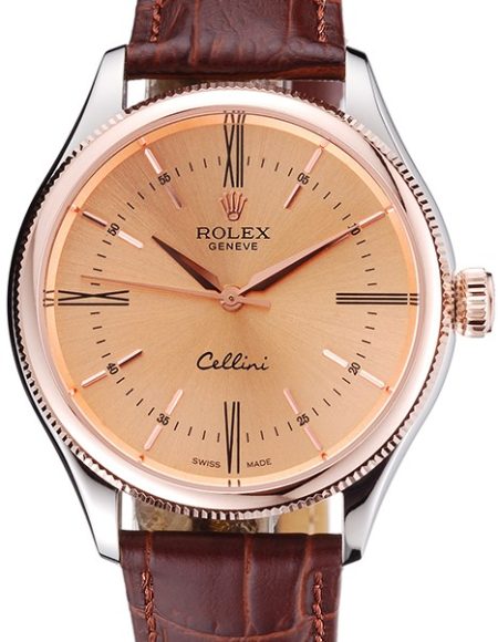 Rolex Cellini Gold Dial And Bezel Stainless Steel Case Brown Leather Strap  622840