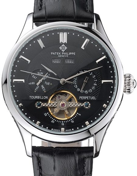 Patek Philippe Day Date Tourbillon Black Dial Stainless Steel Case Black Leather Strap  622839
