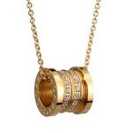 BVLGARI Inscribed White Crystal Stud Spool Pendant Yellow Gold Plated Fine Chain Necklace
