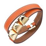 Hermes Replica Gold Pyramid Stud Accent Slim Orange Double Wrap Leather Bracelet