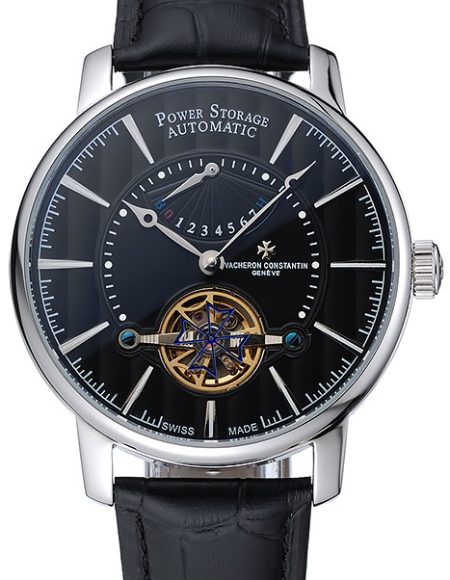 Vacheron Constantin Tourbillion Power Reserve Black Dial Silver Case Black Leather Bracelet  1454273