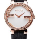 Gucci Interlocking Rose Gold Bezel with Diamonds and Black Leather Band  621514