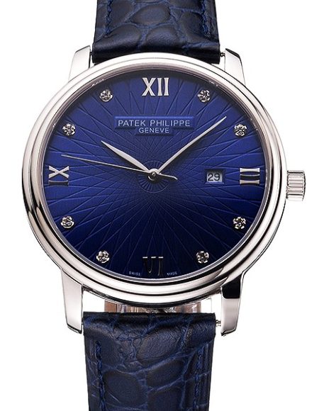 Patek Philippe Calatrava Date Blue Dial Stainless Steel Case Blue Leather Strap