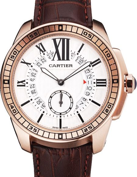 Cartier Calibre De Cartier Small Seconds White Dial Rose Gold Case Brown Leather Strap