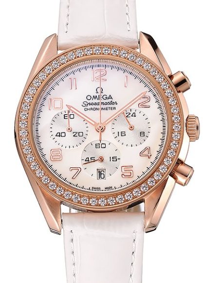 Omega Speedmaster White Dial Rose Gold Case Diamond Bezel White Leather Strap