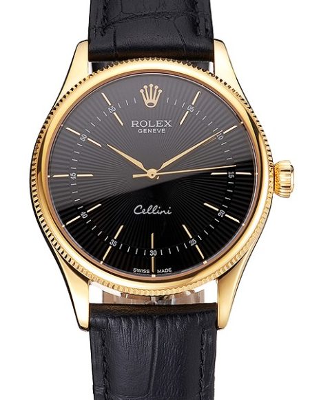 Swiss Rolex Cellini Black Dial Gold Markings Gold Case Black Leather Strap