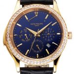 Swiss Patek Philippe Grand Complications Perpetual Calendar Blue Dial Gold Case Diamond Bezel Black Leather Strap