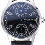 Patek Philippe Geneve Two Dial Black Dial Stainless Steel Bezel Black Leather Band  622145