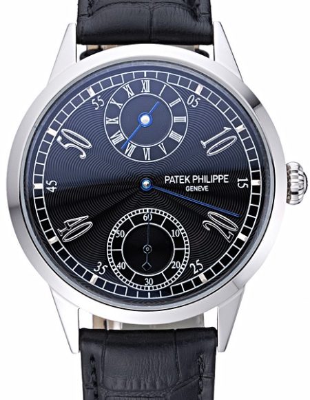 Patek Philippe Geneve Two Dial Black Dial Stainless Steel Bezel Black Leather Band  622145