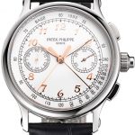 Swiss Patek Philippe Split Seconds Chronograph White Dial Rose Gold Hands Stainless Steel Case Black Leather Strap