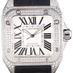 Swiss Cartier Santos Silver Bezel with Diamonds and Black Leather Strap sct47  621531