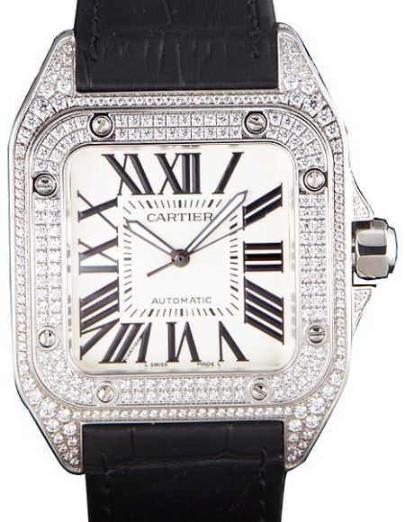 Swiss Cartier Santos Silver Bezel with Diamonds and Black Leather Strap sct47  621531