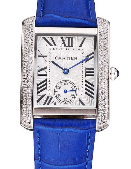 Cartier Tank MC Stainless Steel Diamond Case White Dial Blue Leather Strap  622172