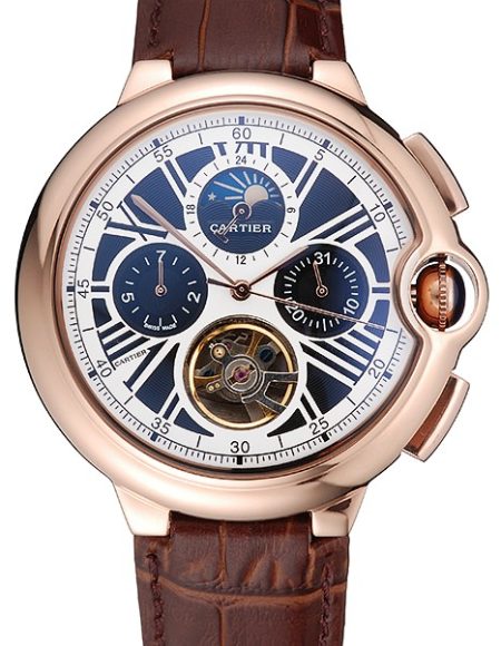 Cartier Ballon Bleu Flying Tourbillon Chronograph White Dial Rose Gold Case Brown Leather Strap