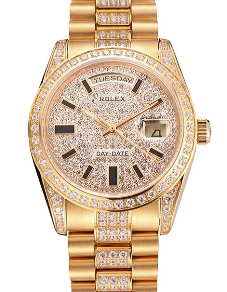 Swiss Rolex Day Date Yellow Gold Diamond Pave