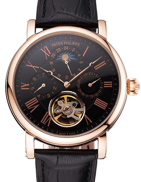 Patek Philippe Grand Complications Moonphase Perpetual Calendar Tourbillon Black Dial Rose Gold Case Black Leather Strap