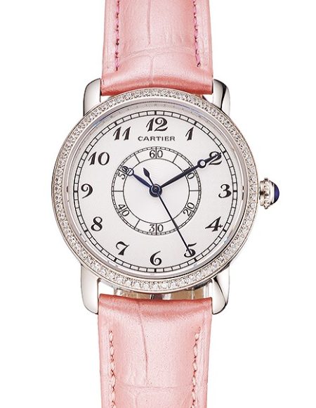 Cartier Ronde White Dial Diamond Bezel Stainless Steel Case Pink Leather Strap