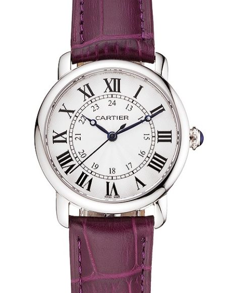 Cartier Ronde White Dial Stainless Steel Case Purple Leather Strap