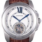 Cartier Calibre Flying Tourbillon White Dial Stainless Steel Case Brown Leather Bracelet